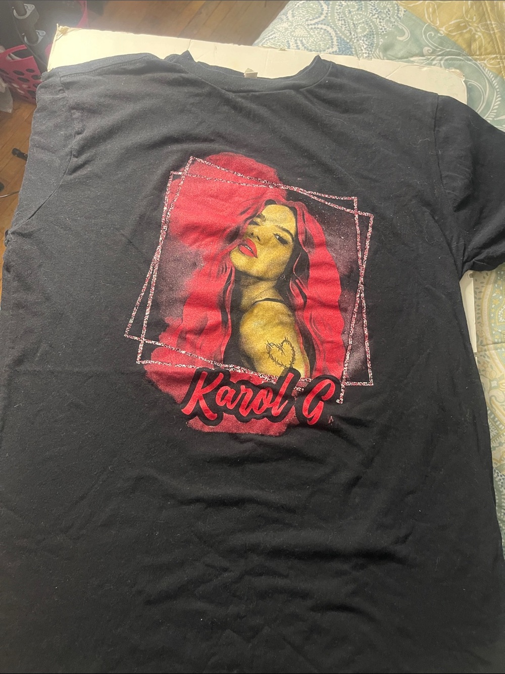 Karol G Black Graphic Tee with Red Portrait